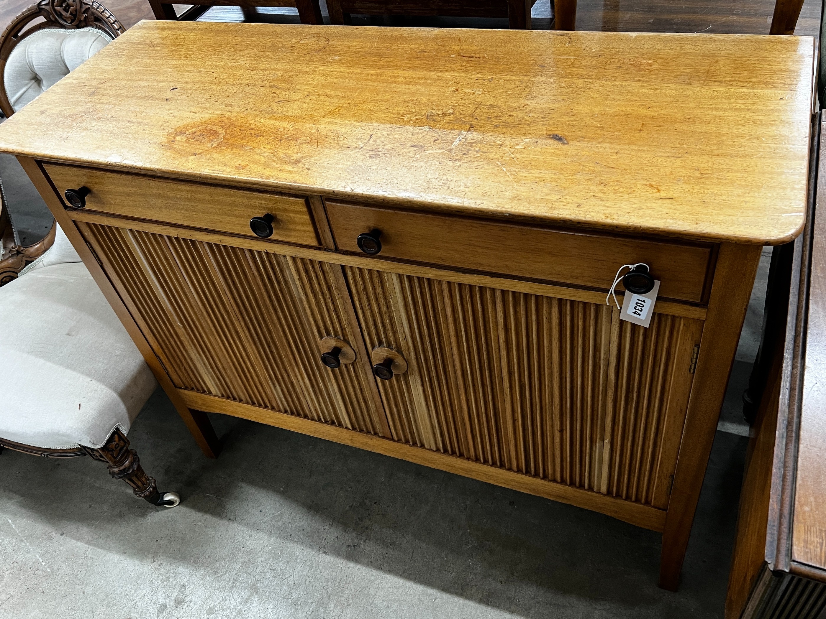 A mid century teak small sideboard, width 114cm, depth 43cm, height 89cm